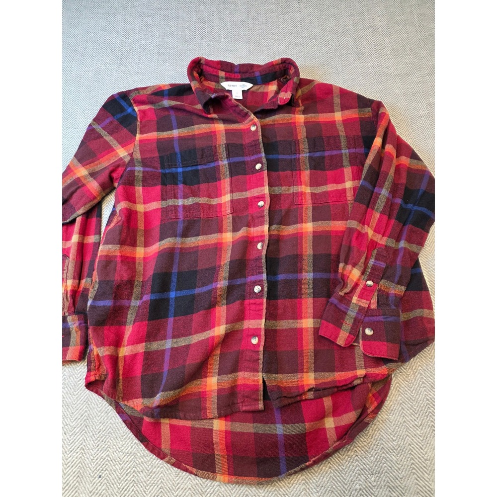 Old Navy The Boyfriend Shirt Women Large Red Plaid Flannel Long Sleeve Button Up